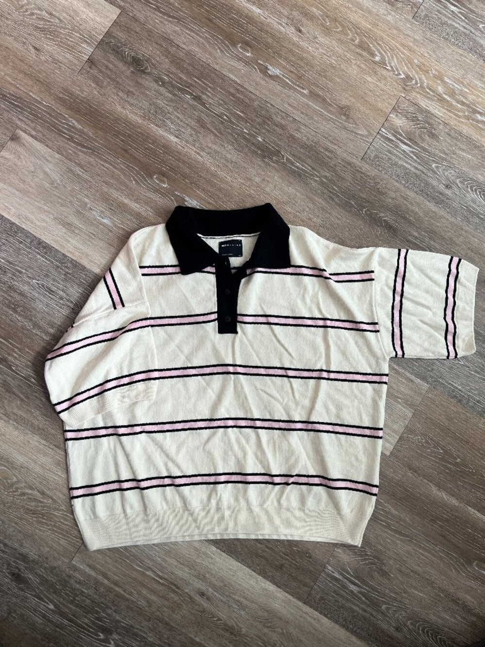 Vintage Style Pink Striped Collared Oversized Cream Short Sleeve T Top